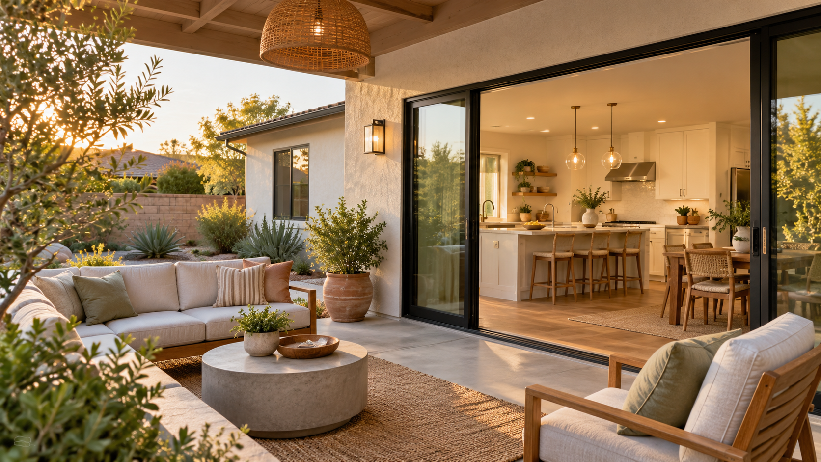 Warm residential patio opening to a bright kitchen